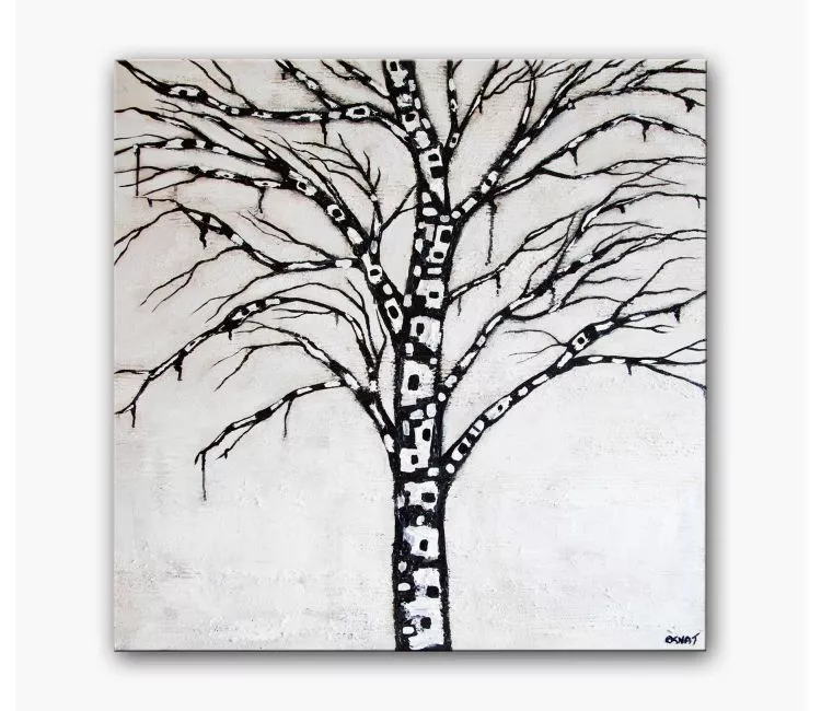 trees painting - black white modern tree painting on canvas original textured contemporary living room tree wall art