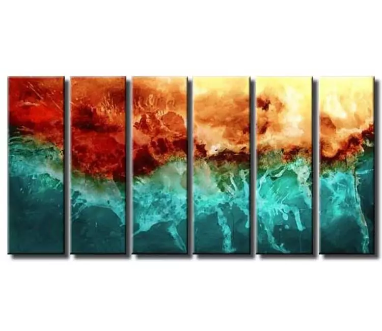 fluid painting - big teal red abstract painting on canvas original modern living room wall art