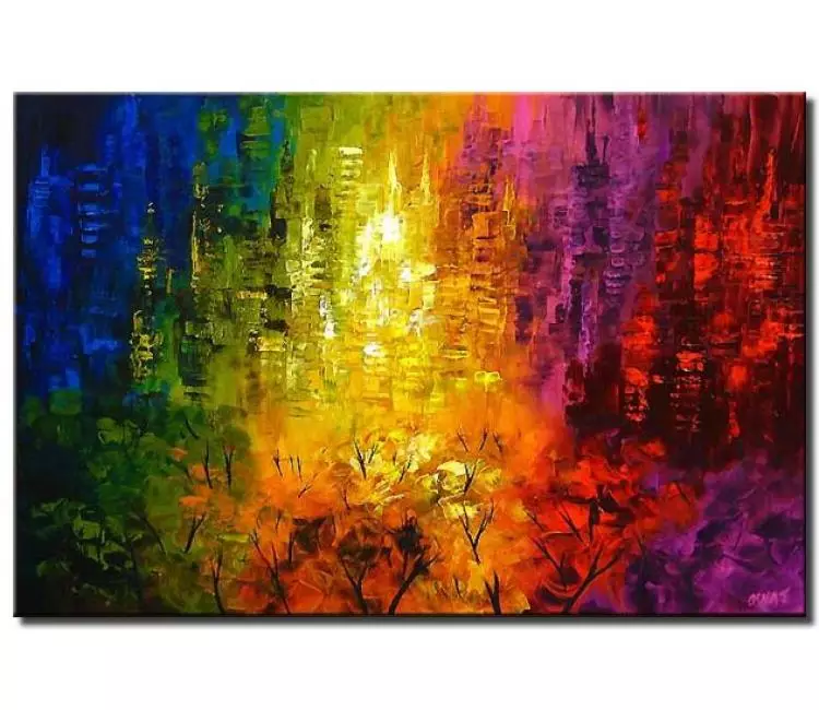cityscape painting - colorful canvas art original modern city abstract painting for living room