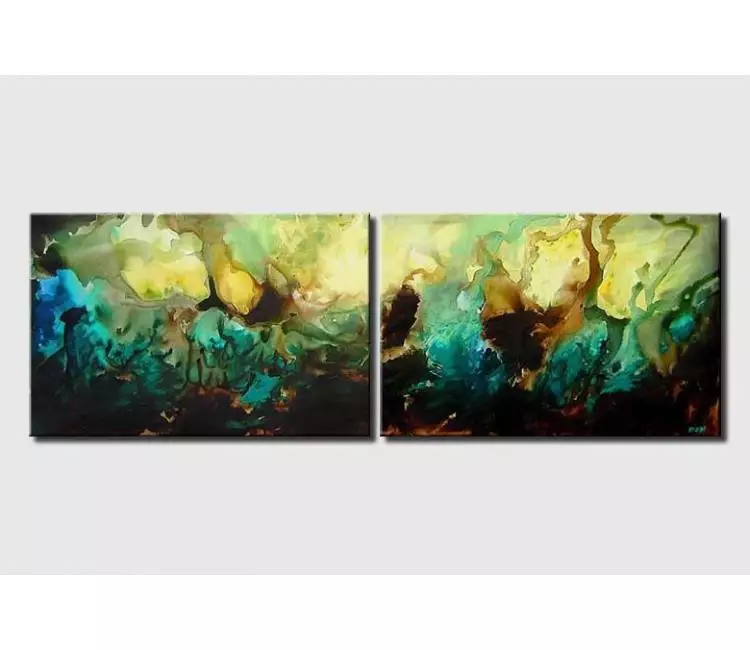fluid painting - big turquoise yellow abstract painting on canvas modern beautiful wall art for living room