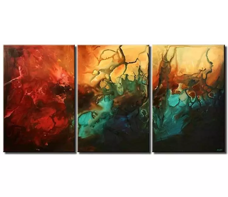 fluid painting - big contemporary abstract painting on large canvas art red turquoise beautiful modern wall art