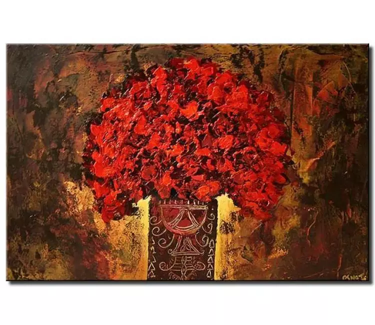 landscape paintings - red flowers in vase modern wall art on canvas original textured earth tone colors living room art
