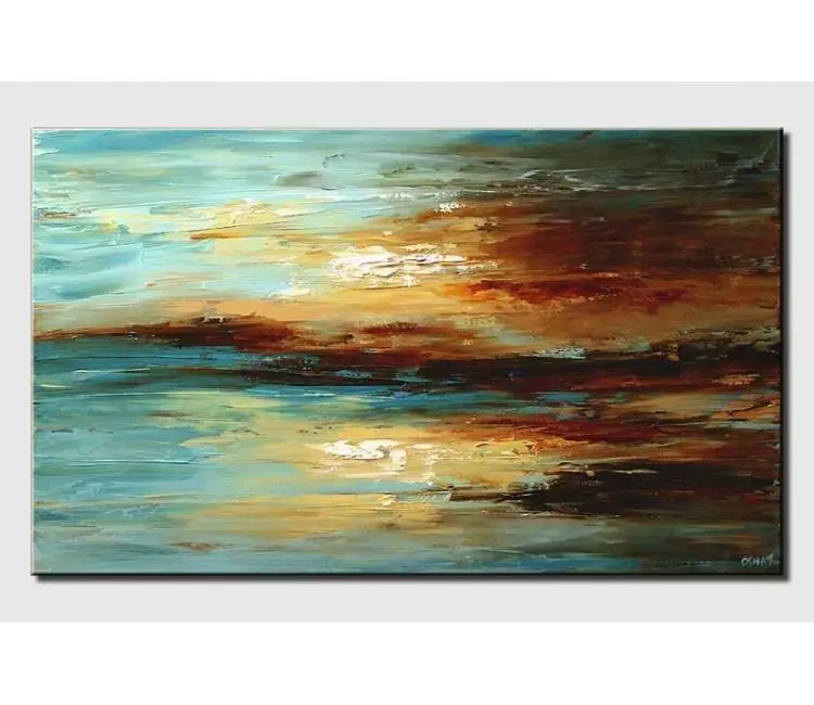 landscape paintings - original abstract seascape landscape painting on canvas textured sunset in ocean painting light blue calming wall art