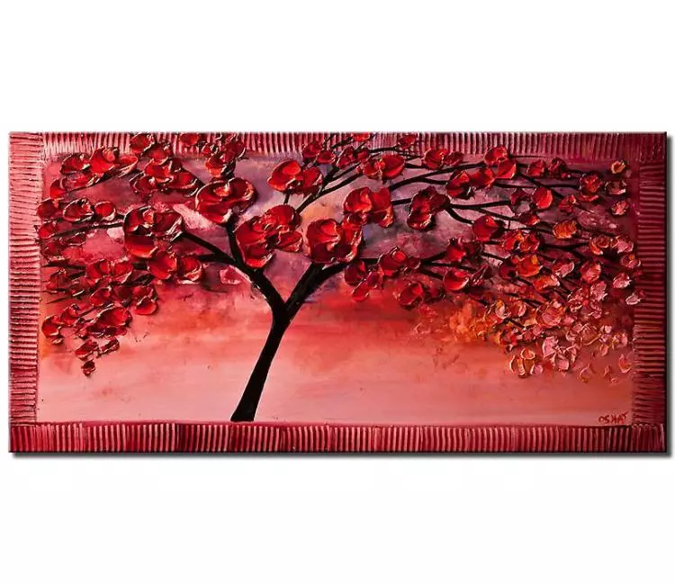 forest painting - cherry blossom tree painting on canvas original textured red pink tree art minimalist modern art