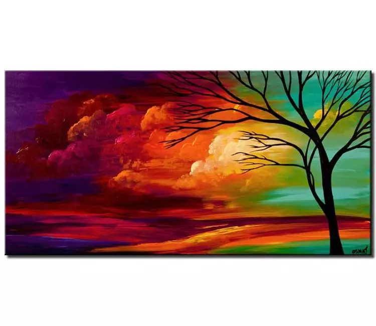 landscape paintings - turquoise red purple abstract landscape painting on canvas modern tree painting heaven painting