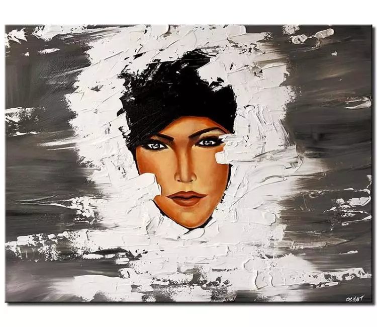 Painting - face of pretty woman in winter coat #6009