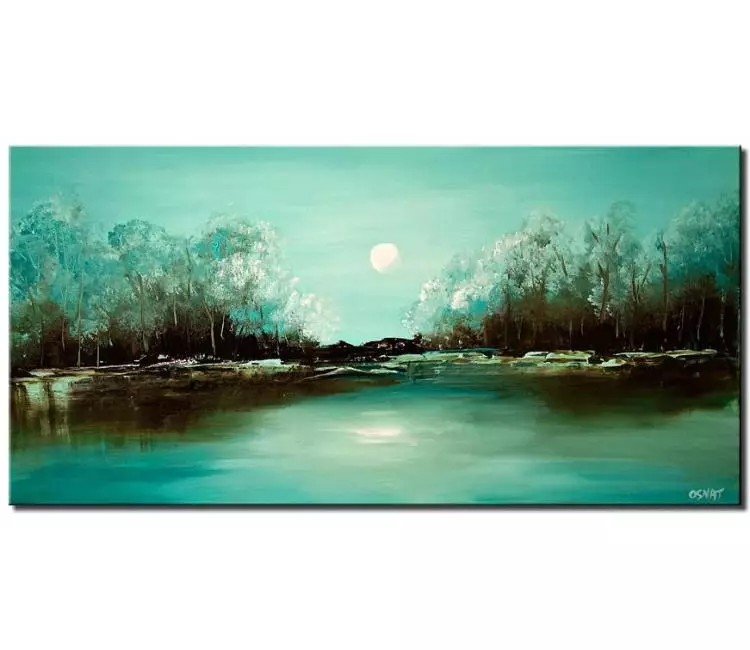 Painting - turquoise landscape abstract paiting blooming trees #6656