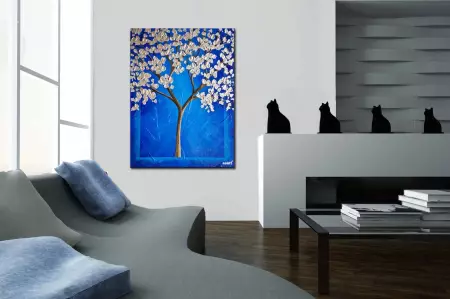 Blue and Gray 24x36 Textured Tree Art, Original Painting on Canvas