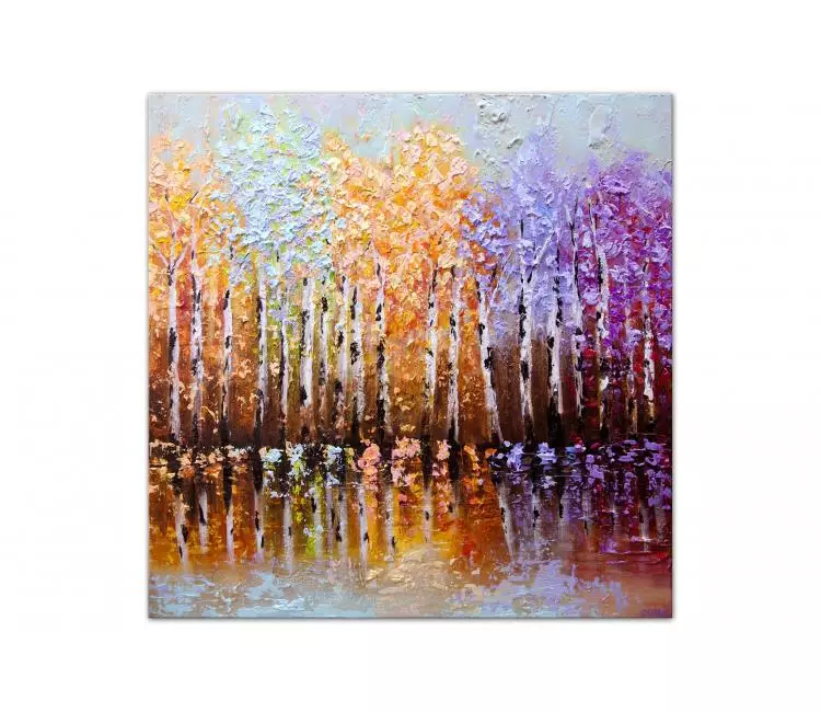 landscape paintings - original colorful forest painting on canvas birch tree painting textured modern home decor