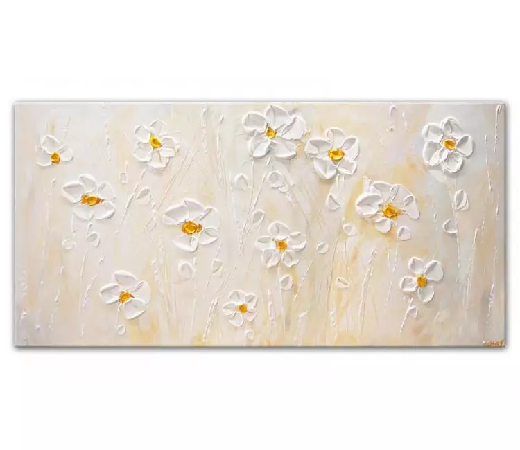 floral painting - white floral abstract painting minimalist white flowers painting on canvas textured daisies art