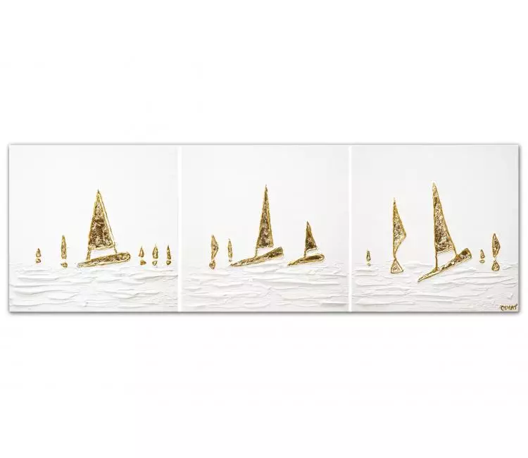 sailboats painting - minimalist sailboat art on canvas original textured seascape painting gold white art