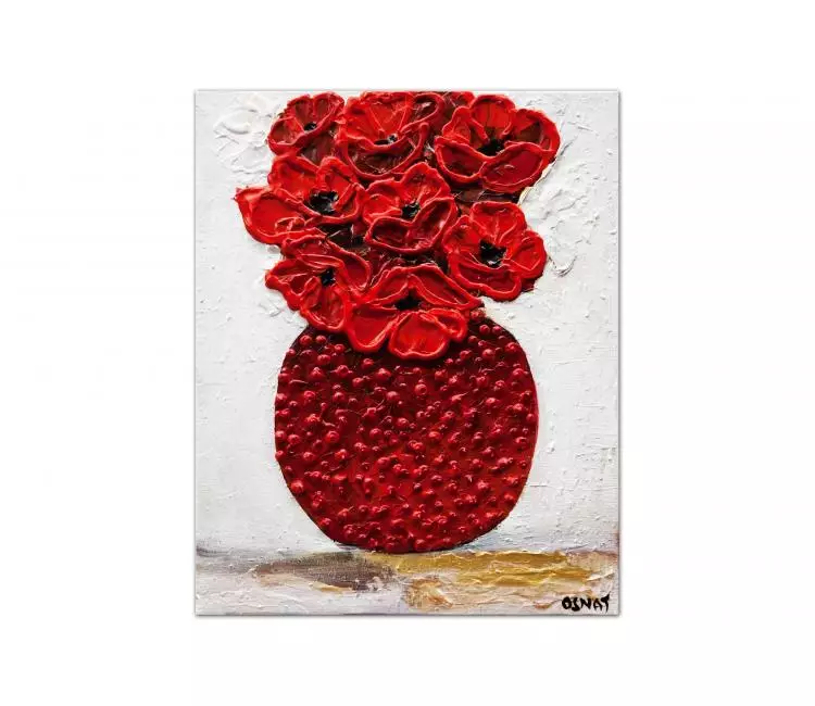 floral painting - original red flowers painting on canvas textured red floral art modern home decor