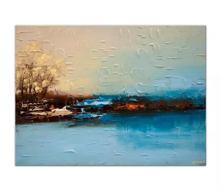 landscape paintings - modern abstract landscape painting on canvas minimalist painting light blue beige wall art