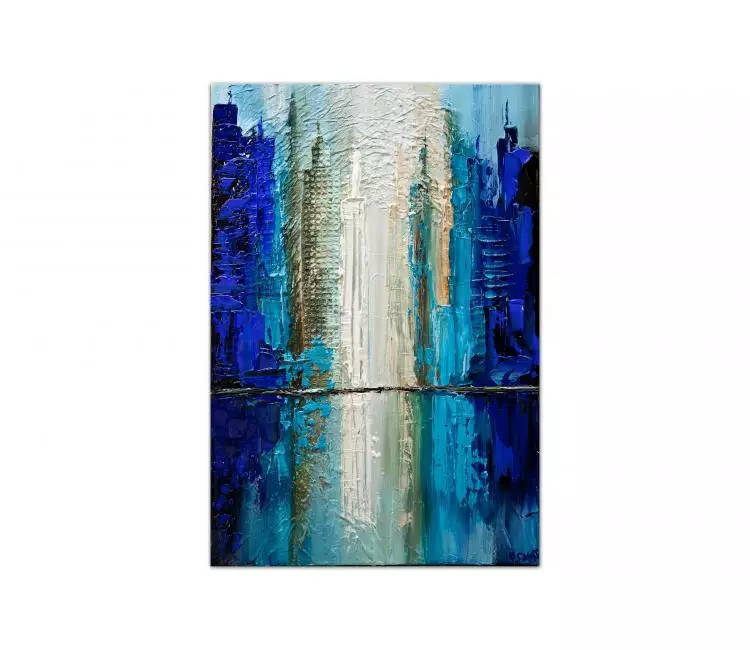 cityscape painting - original blue city art on canvas textured abstract cityscape painting modern home office decor