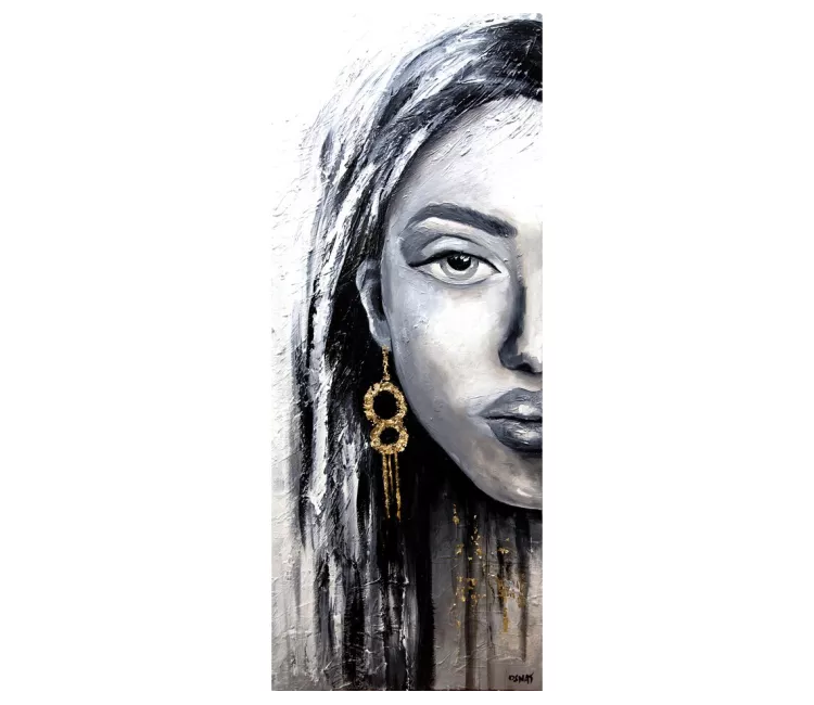 print on canvas - modern woman portrait painting with gold and black
