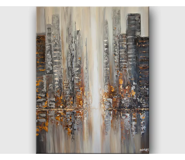 cityscape painting - original city art on canvas textured abstract silver gold wall art modern office home decor
