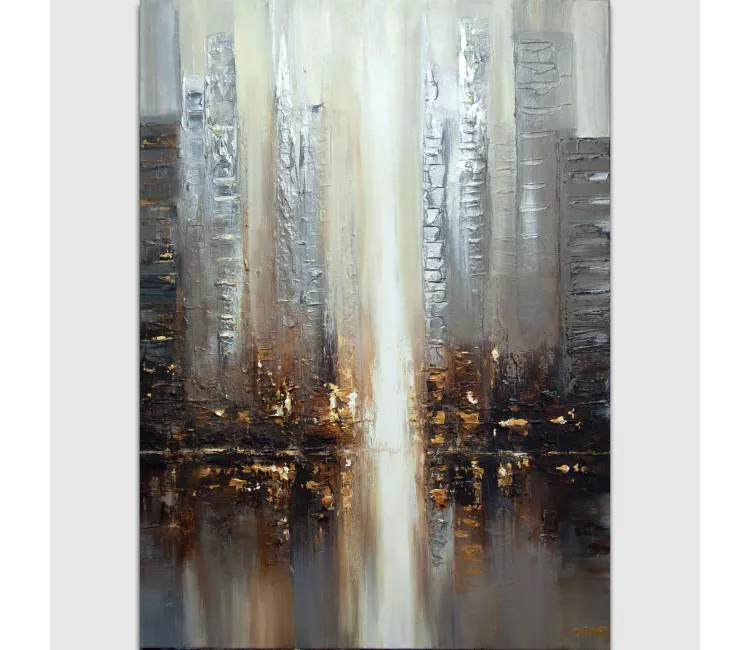 cityscape painting - original city art on canvas textured silver gold wall art  minimalist painting modern living room wall decor