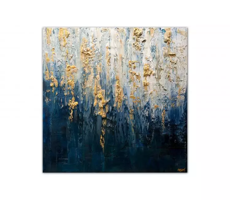 print on canvas - blue gold abstract painting for living room original textured minimalist blue wall art
