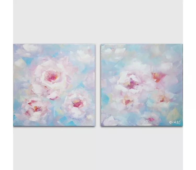 floral painting - light blue pink abstract floral paintings on canvas modern set of two small soft colors flowers paintings
