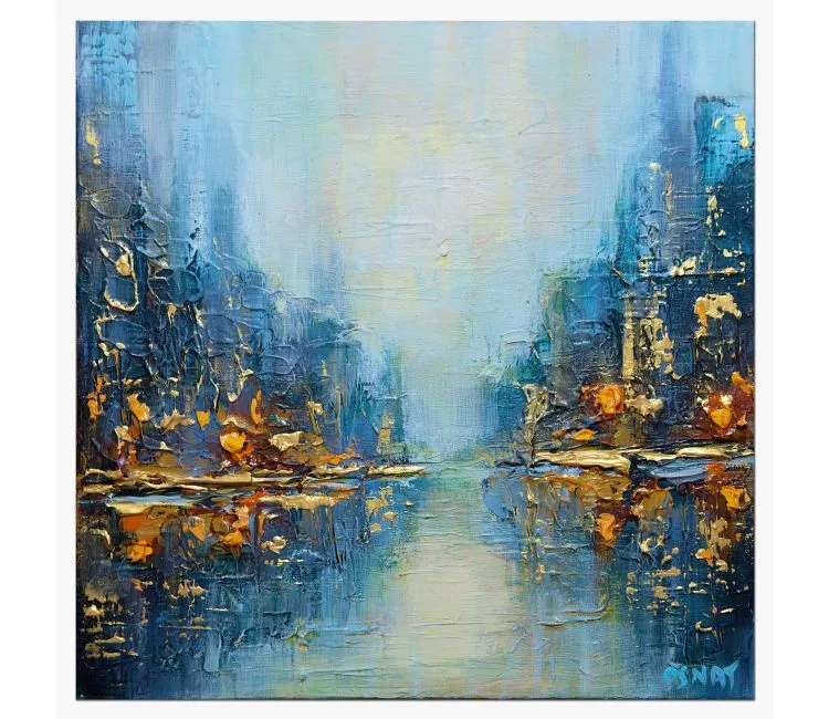 abstract painting - textured blue abstract painting on canvas original modern small blue gold city painting
