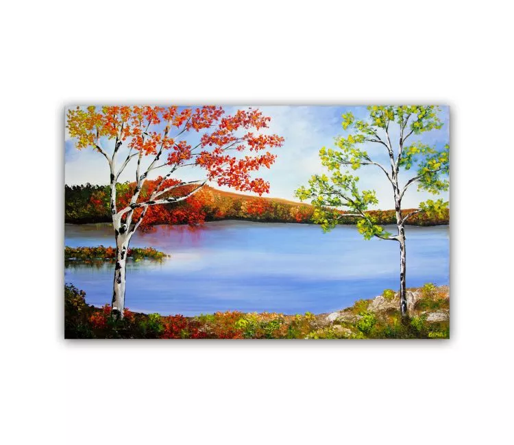 landscape painting - Original Landscape trees in autumn Painting On Canvas modern abstract nature lake painting for living room
