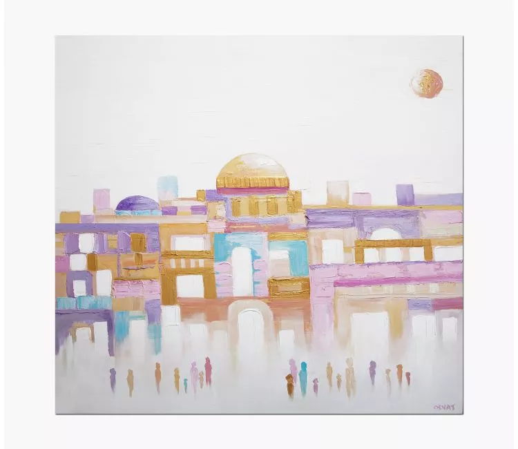 cityscape painting - original modern Jerusalem painting on canvas soft pastel colors art for living room