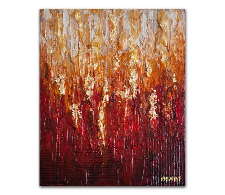 abstract painting - red gold leaf abstract painting textured for living room office and modern home decor