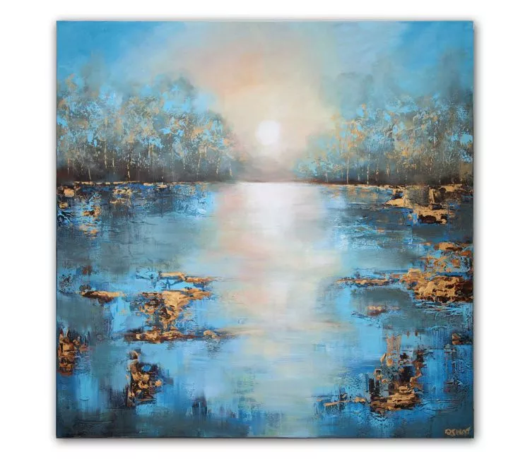 landscape painting - original landscape painting on canvas light blue gold modern abstract living room art