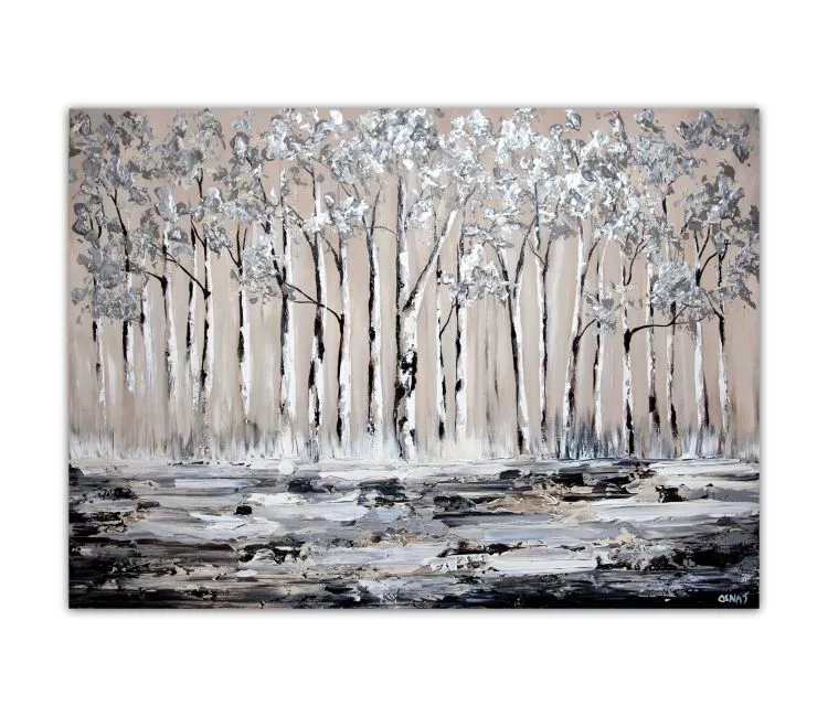 trees painting - silver birch trees painting abstract landscape original modern textured neutral wall art