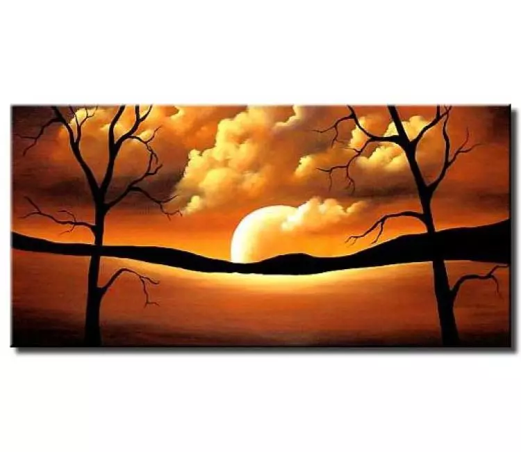 landscape painting - contemporary orange rust abstract landscape moon painting on canvas modern trees painting