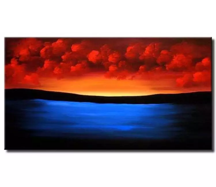 landscape paintings - blue ocean and red clouds