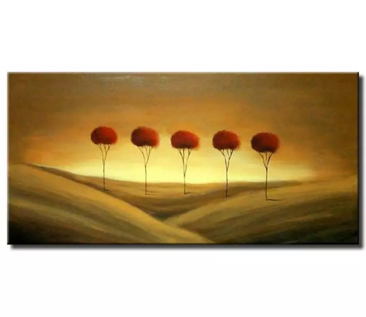 landscape paintings - red blooming trees gold hills