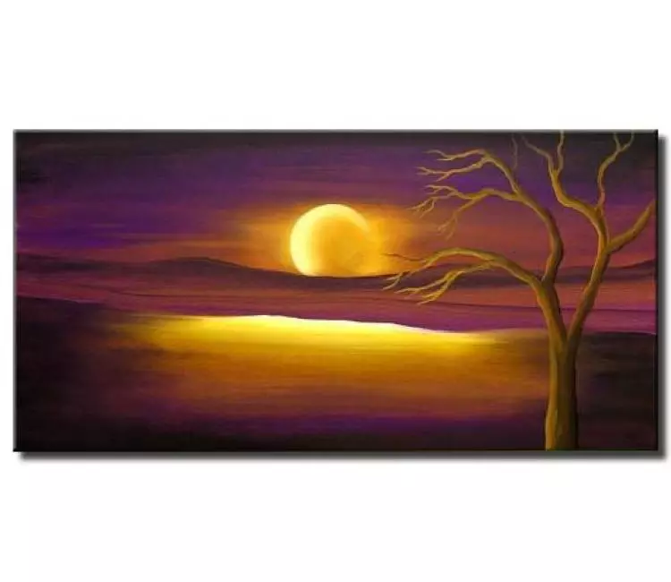 landscape paintings - contemporary landscape tree moon painting on canvas purple yellow abstract art