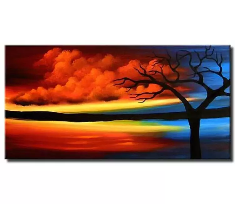 trees painting - sunset landscape in red