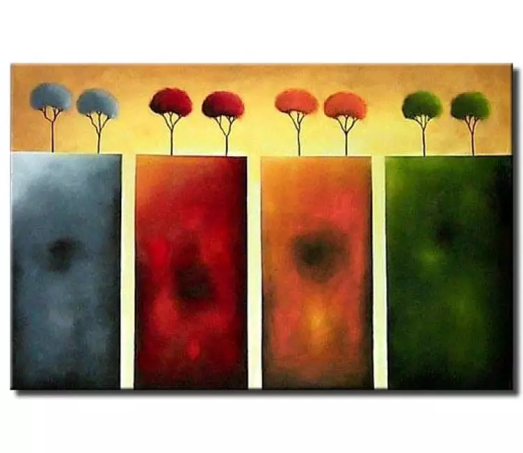 landscape paintings - colorful blooming trees green orange red gray