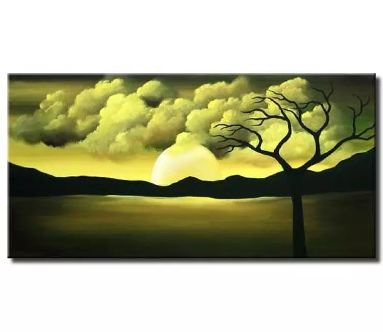 landscape paintings - minimalist green abstract landscape tree painting on canvas modern full moon painting