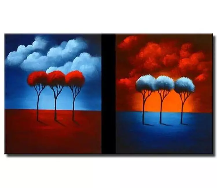 forest painting - blue red abstract landscape trees art on canvas modern painting original living room wall art