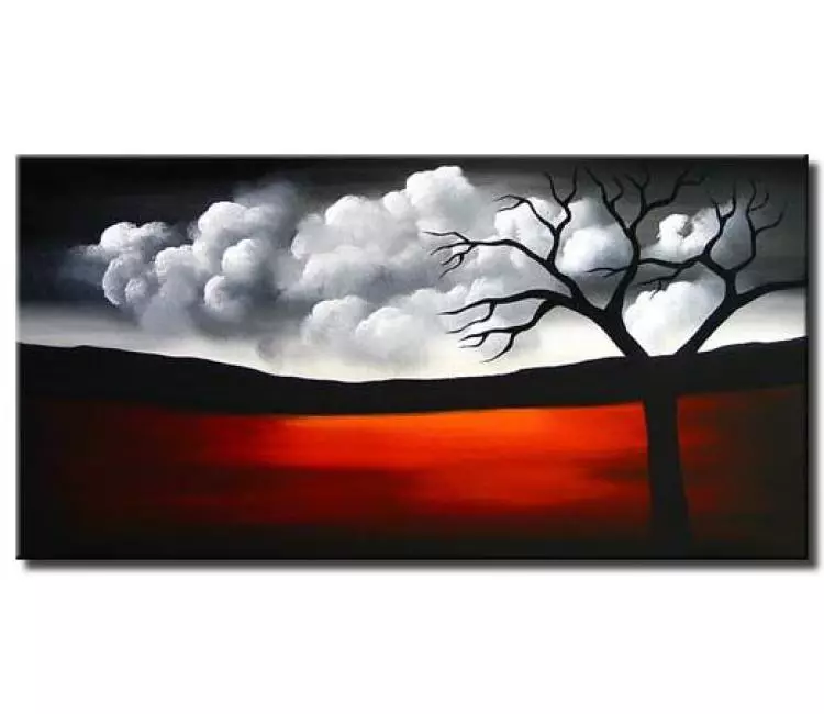 landscape painting - minimalist abstract landscape tree art on canvas modern black white red painting for living room wall art