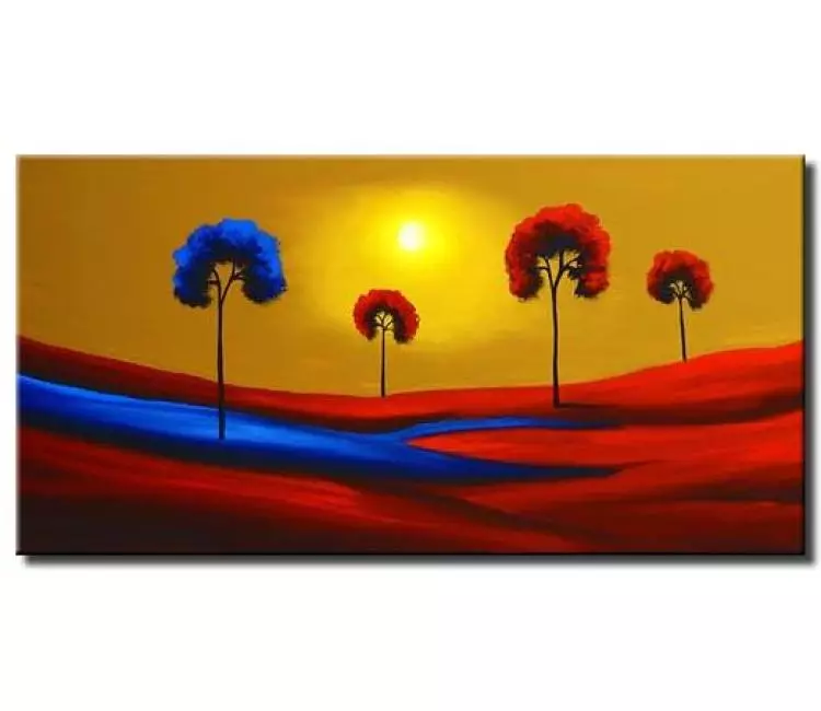 forest painting - landscape abstract painting blue red gold