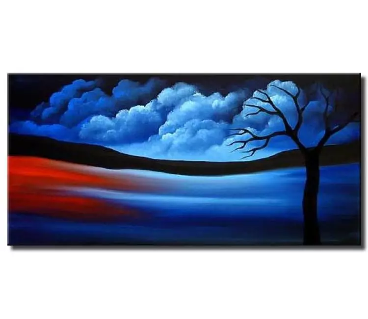 landscape painting - blue modern abstract landscape tree art for living room bedroom original painting