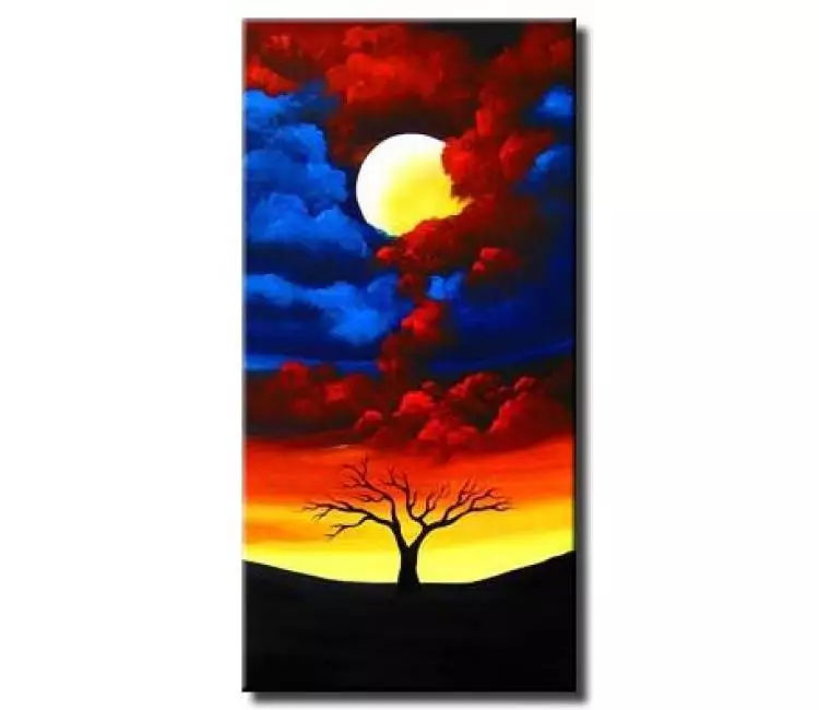 landscape paintings - red blue abstract landscape moon painting modern living room tree wall art