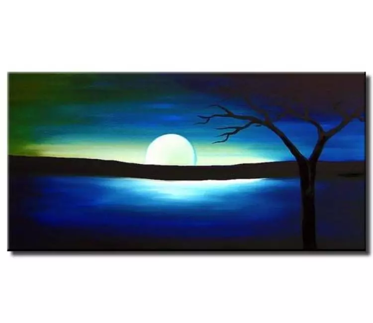 landscape painting - blue green abstract landscape painting on canvas modern tree wall art moon painting