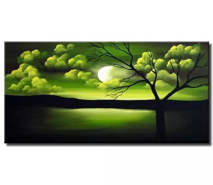 landscape paintings - green landscape tree moon painting on canvas modern minimalist abstract art