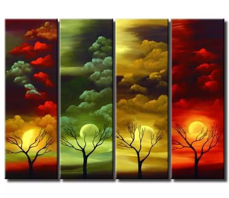 landscape paintings - clouds moon painting on canvas multi panel red green modern abstract landscape trees painting