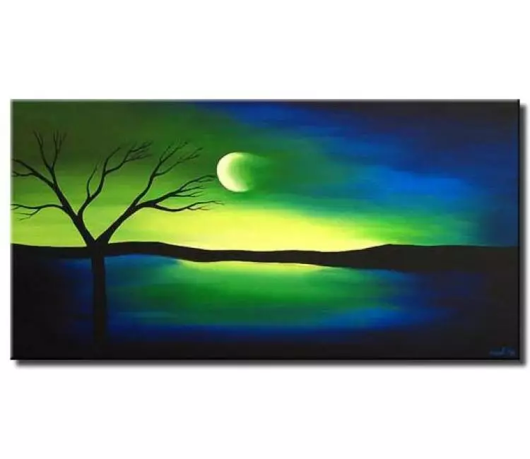 landscape paintings - green blue landscape tree painting on canvas modern abstract moon painting minimalist art