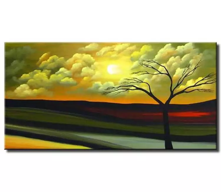 landscape painting - green abstract landscape painting on canvas for living room original contemporary sunrise art