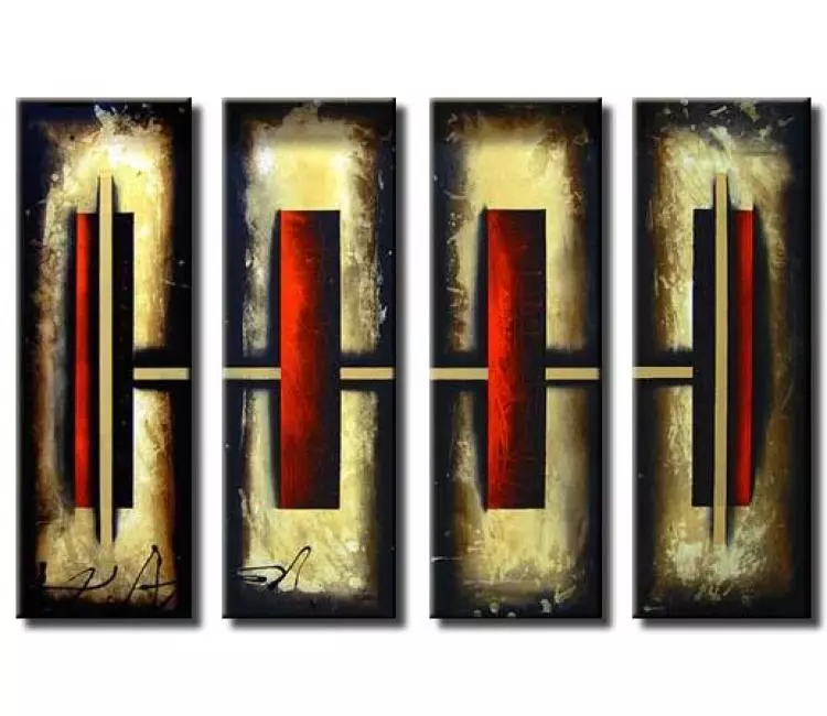 geometric painting - minimalist multi panel abstract painting in beige and red modern geometric art