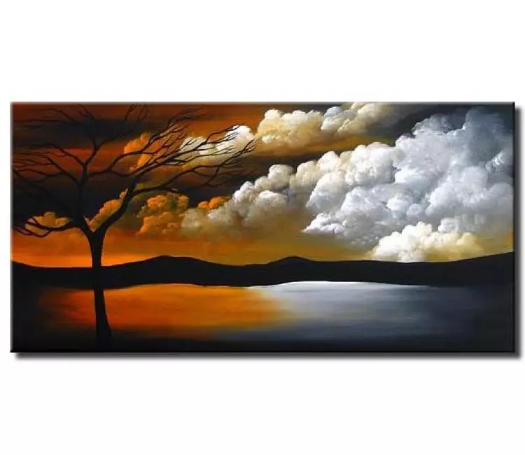 landscape painting - original gray rust landscape tree painting on canvas for living room modern beautiful art