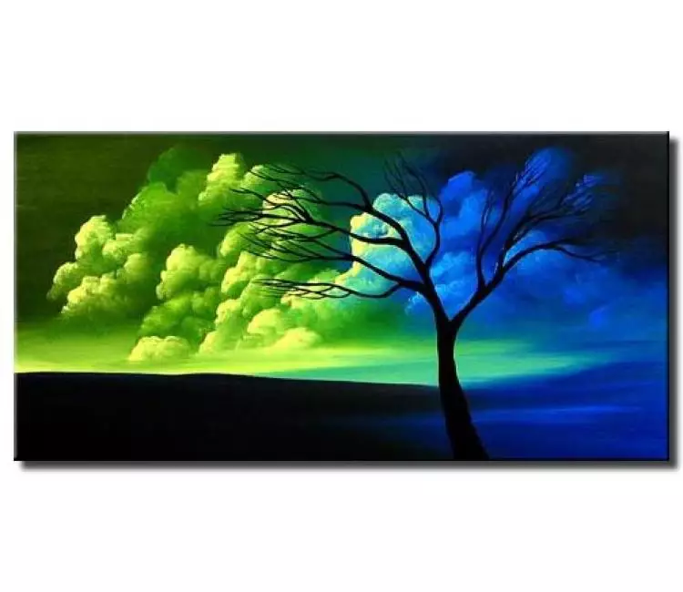 landscape painting - original blue green landscape tree painting on canvas for living room modern beautiful art