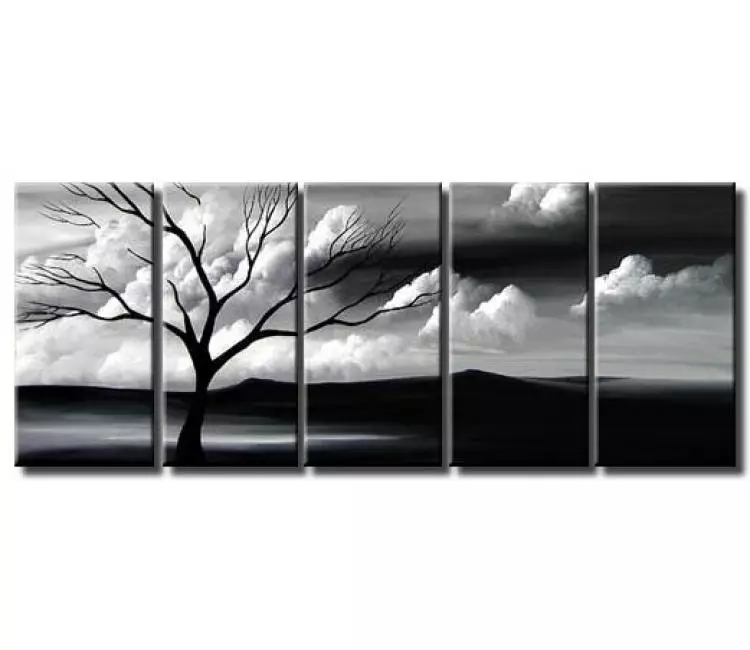 landscape painting - original large gray landscape tree painting on canvas for living room modern black white wall art